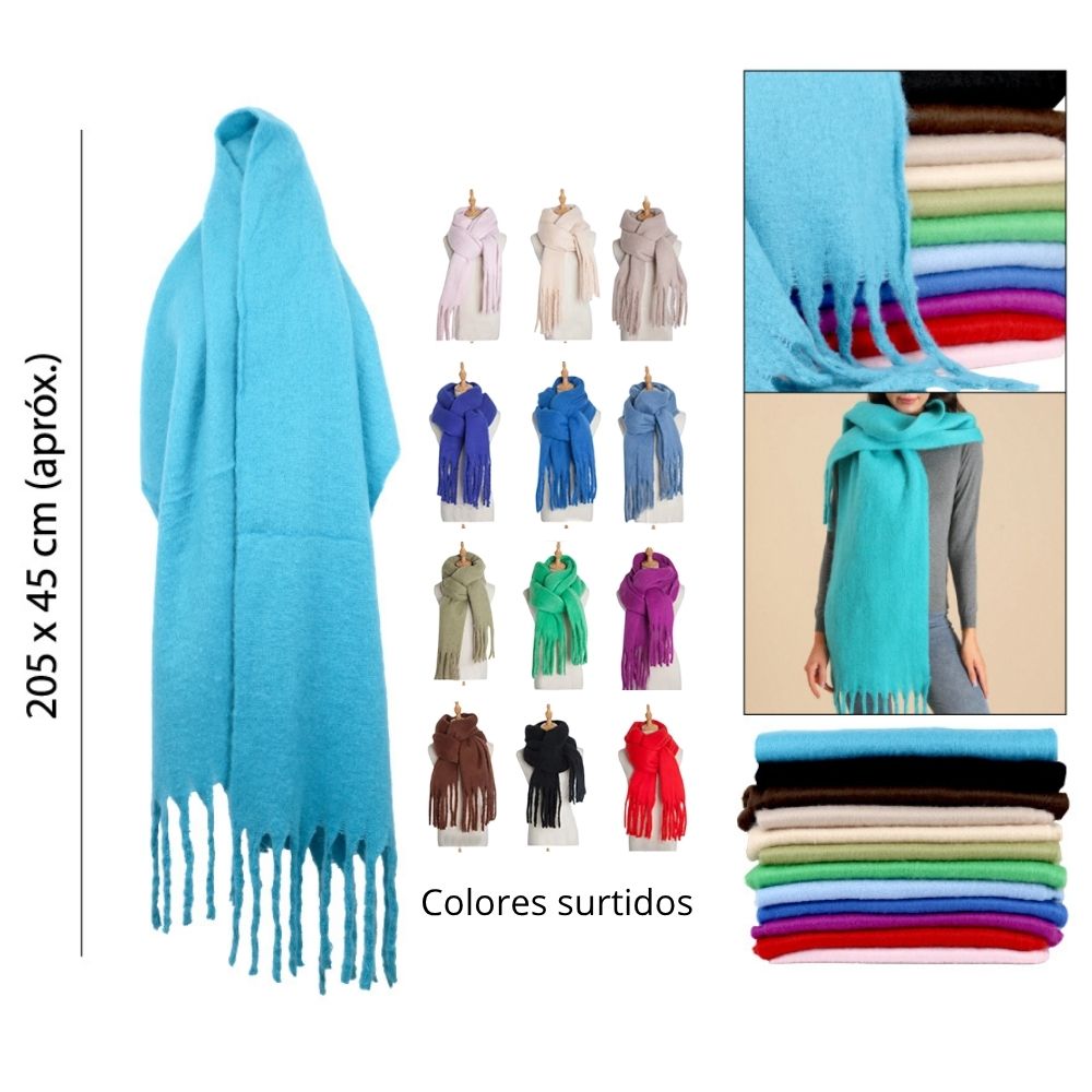 BUFANDA  CON FLECOS UNICOLOR 205X45CM