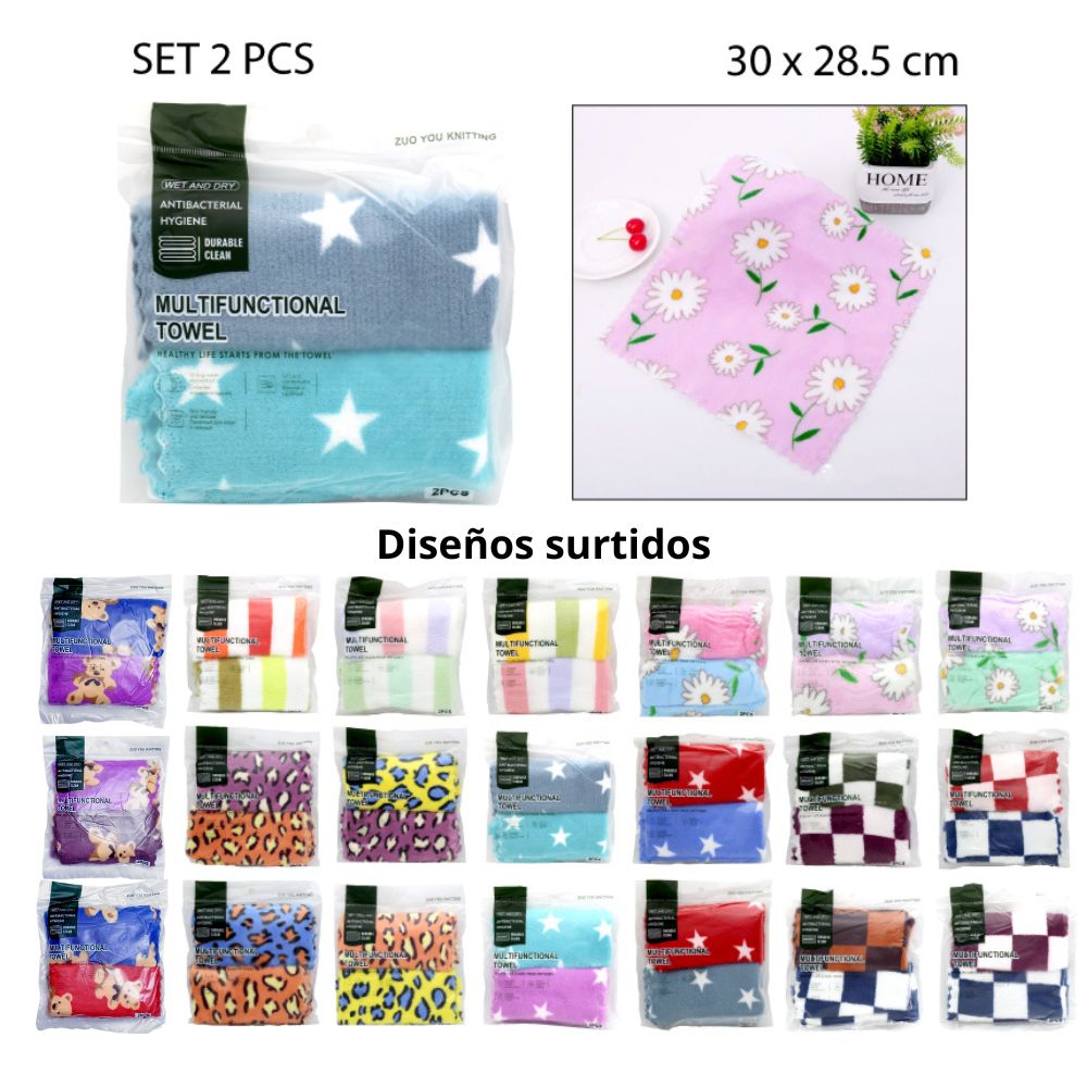 TOALLA DE MICROFIBRA MULTIUSO DISEÑO SURTIDO SET DE 2PCS-30X28.5CM