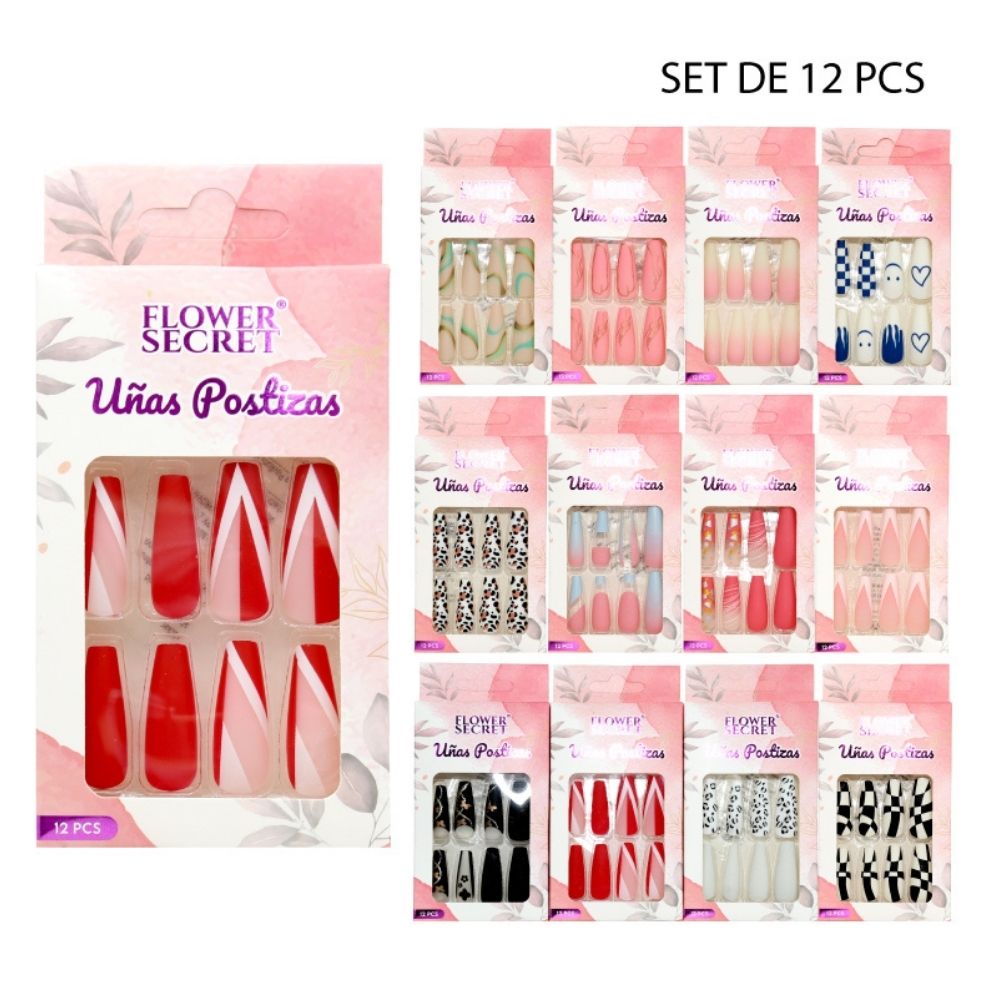 UÑAS POSTIZAS BALLET CON DISEÑOS SET DE 12pcs