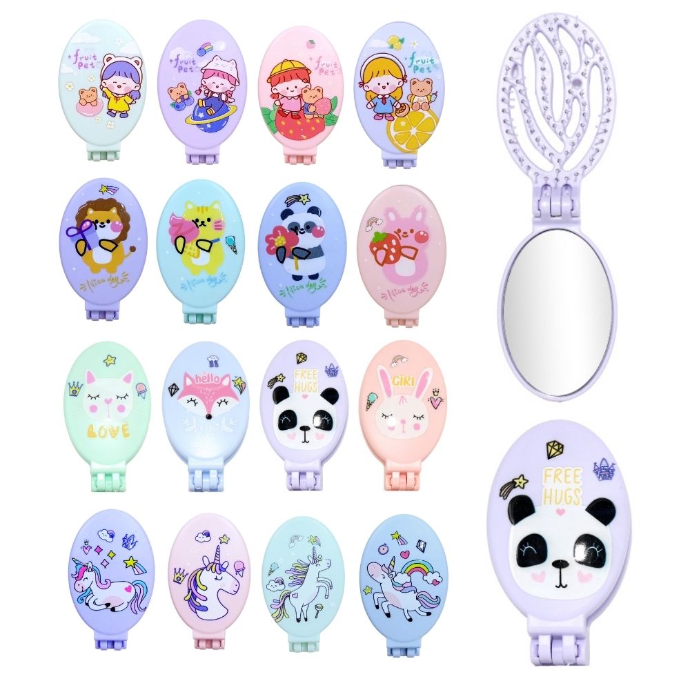 CEPILLO INFANTIL PLEGABLE CON ESPEJO DISEÑO DE ANIMALES 9.5x5.4cm