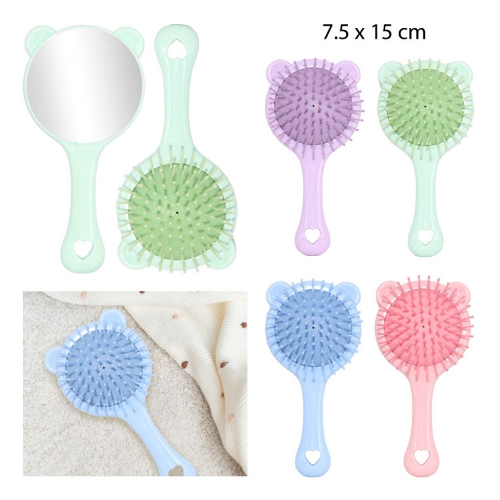 CEPILLO INFANTIL REDONDO DISEÑO OREJAS DE OSO CON ESPEJO 7.5x15cm