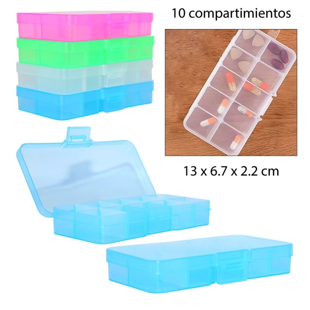 PASTILLERO DE PLÁSTICO DE 10 COMPARTIMIENTOS 13X6.7X2.2CM
