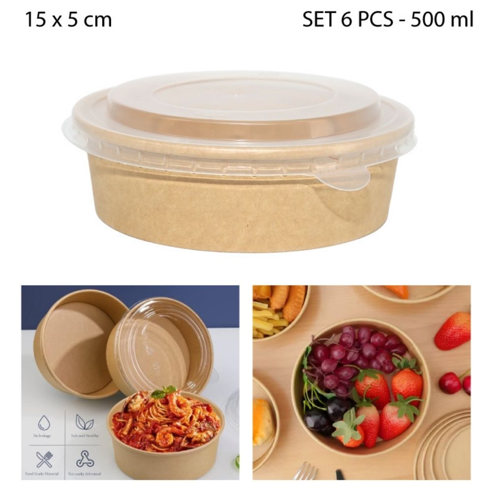 BOWL DE CARTÓN KRAFT CON TAPA 500 ML – 6 PCS