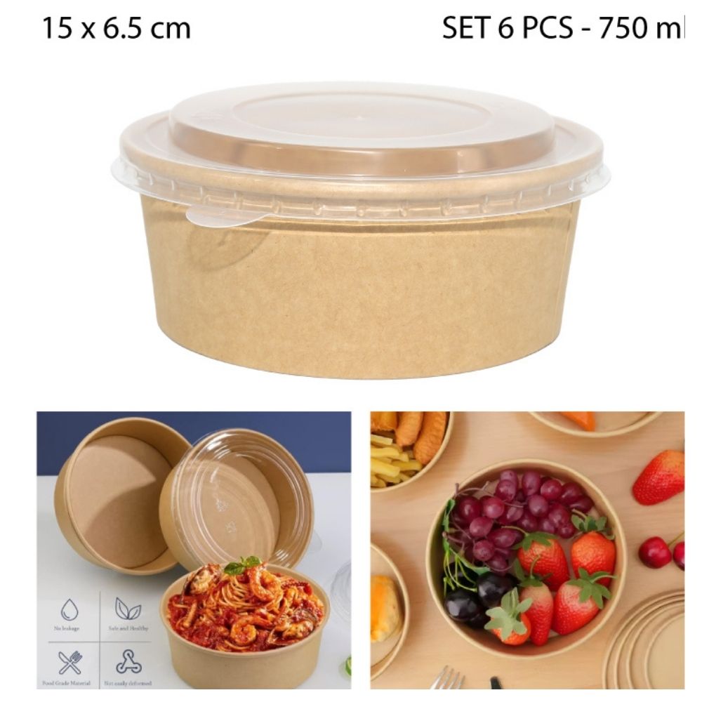 BOWL DE CARTÓN KRAFT CON TAPA 750 ML – 6 PCS