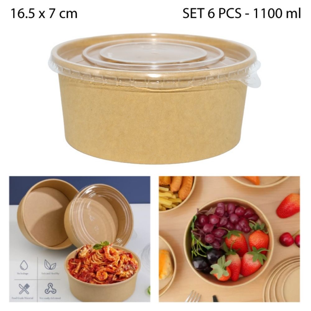 BOWL DE CARTÓN KRAFT CON TAPA 1100 ML – 6 PCS