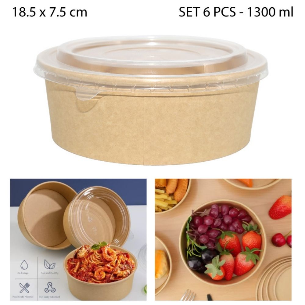 BOWL DE CARTÓN KRAFT CON TAPA 1300 ML – 6 PCS