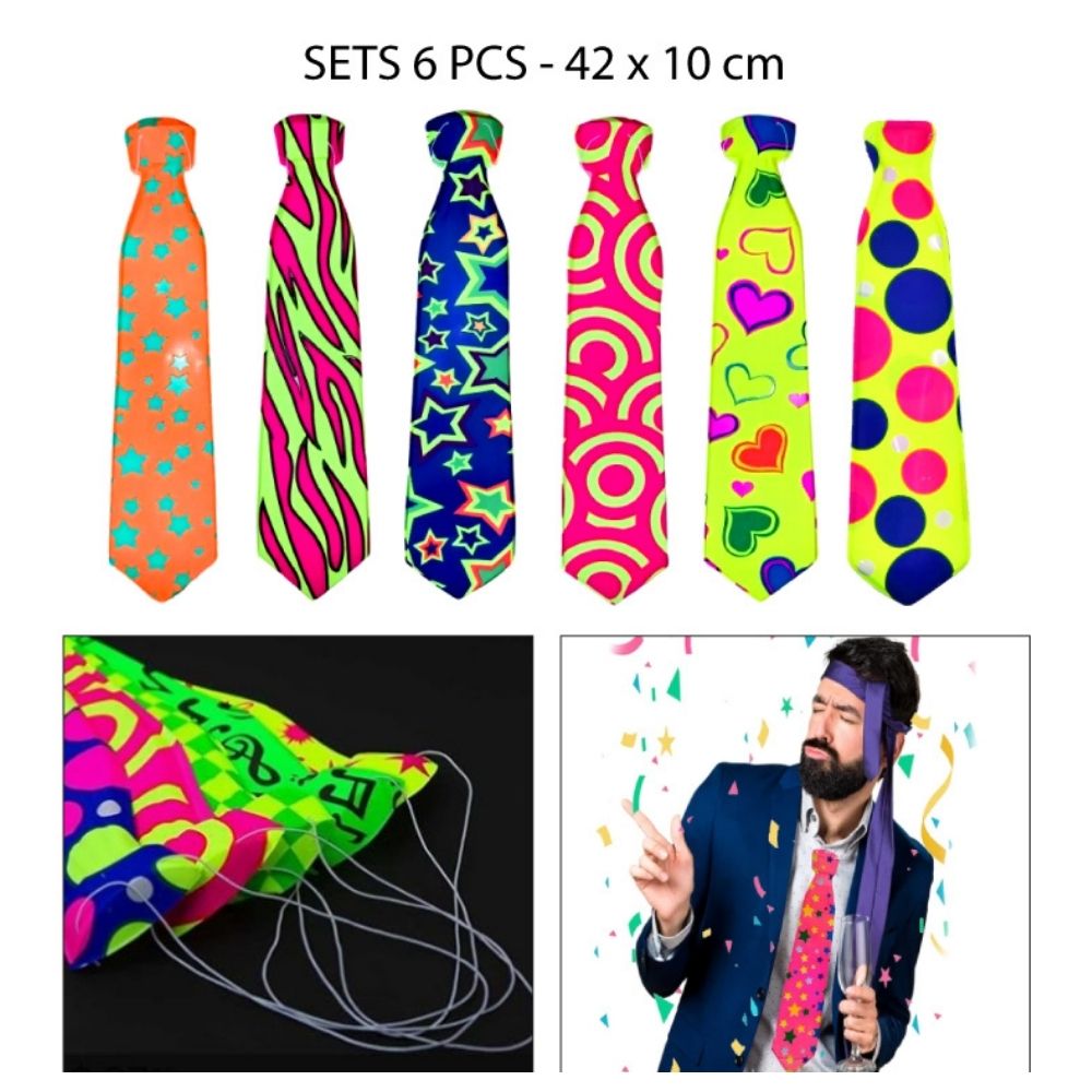 CORBATA LARGA FLUORESCENTE CON ESTAMPADO SET DE 6PCS - 42X10CM