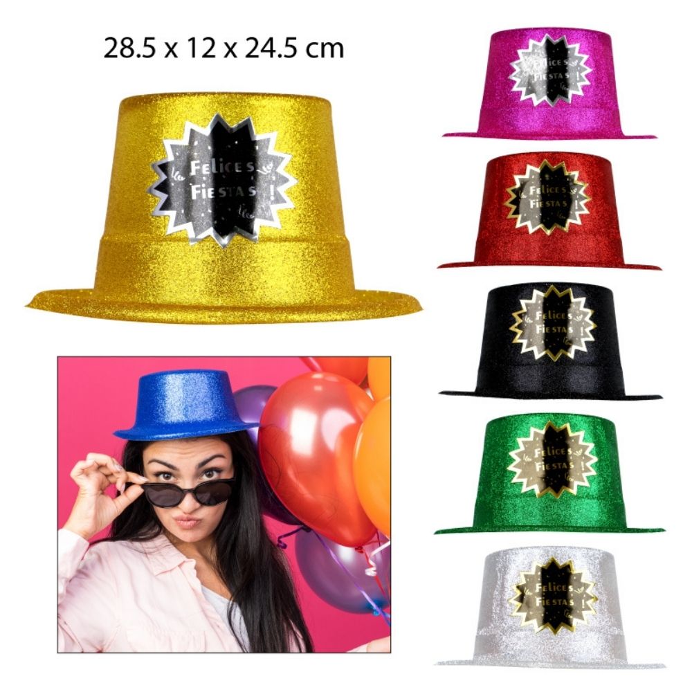 SOMBRERO FESTIVO CON GLITTER “FELICES FIESTAS” 28.5X12X24.5CM