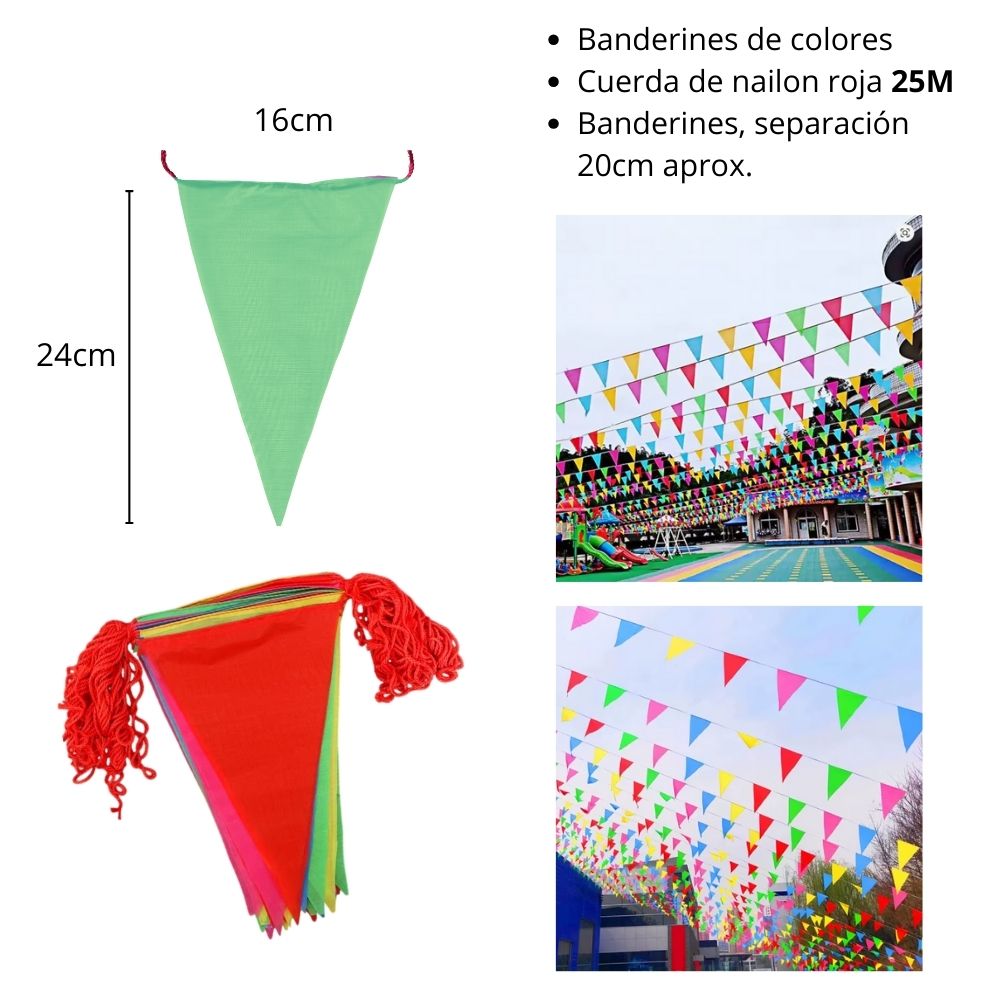 BANDERINES TRIANGULARES PARA FIESTAS MULTICOLORES 25M - 24X16CM