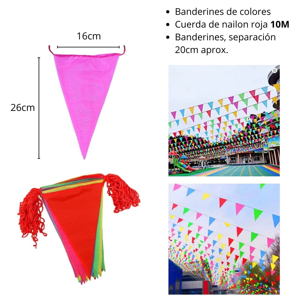 BANDERINES TRIANGULARES PARA FIESTAS MULTICOLORES 10M - 26X16CM