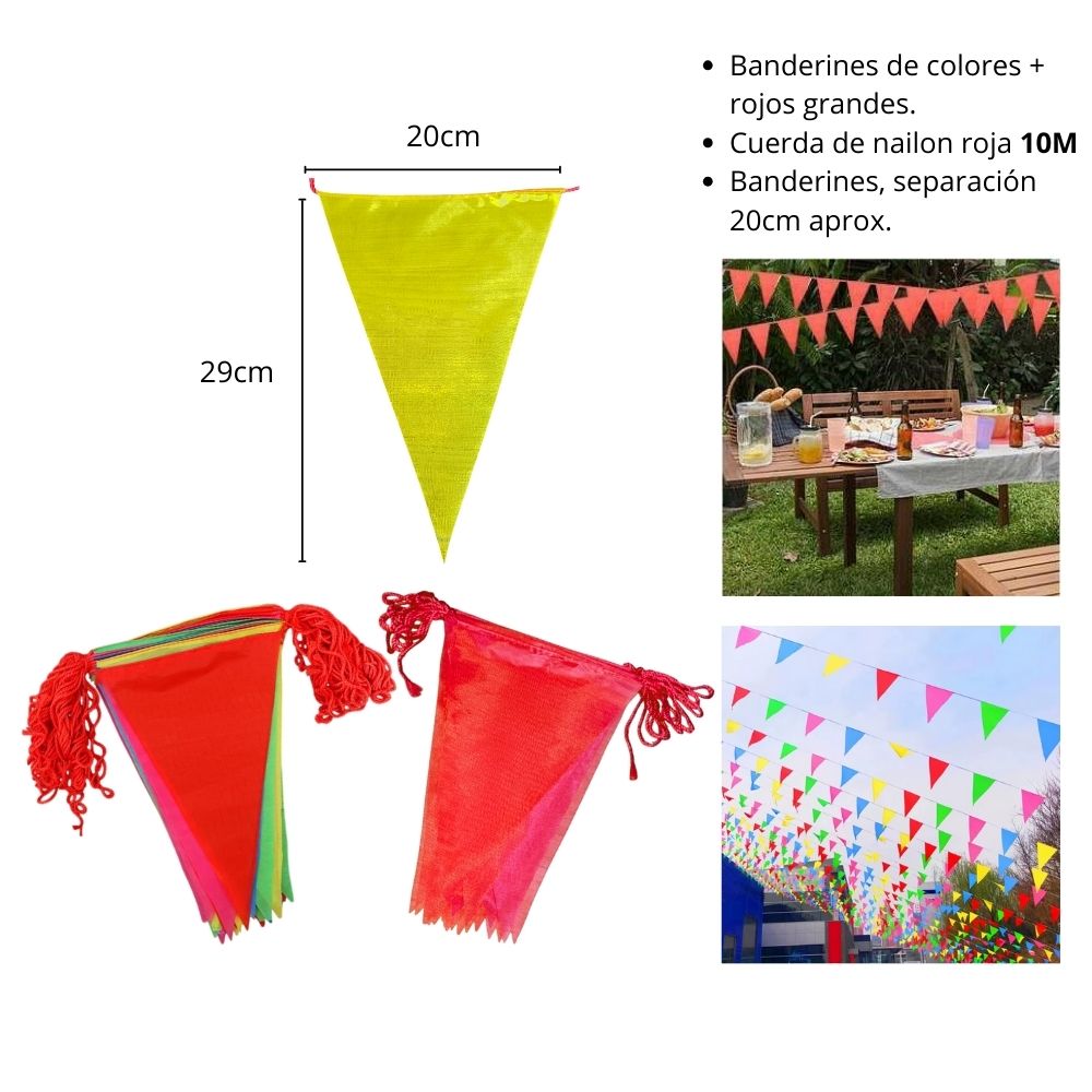 BANDERINES TRIANGULARES PARA FIESTAS ROJO + MULTICOLORES 10M - 29X20CM