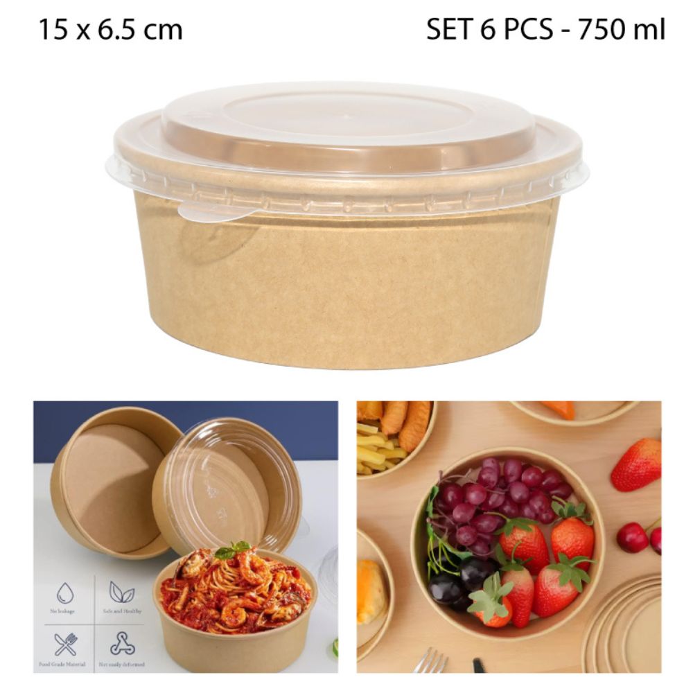 BOWL DE CARTÓN KRAFT CON TAPA 750 ML – 6 PCS