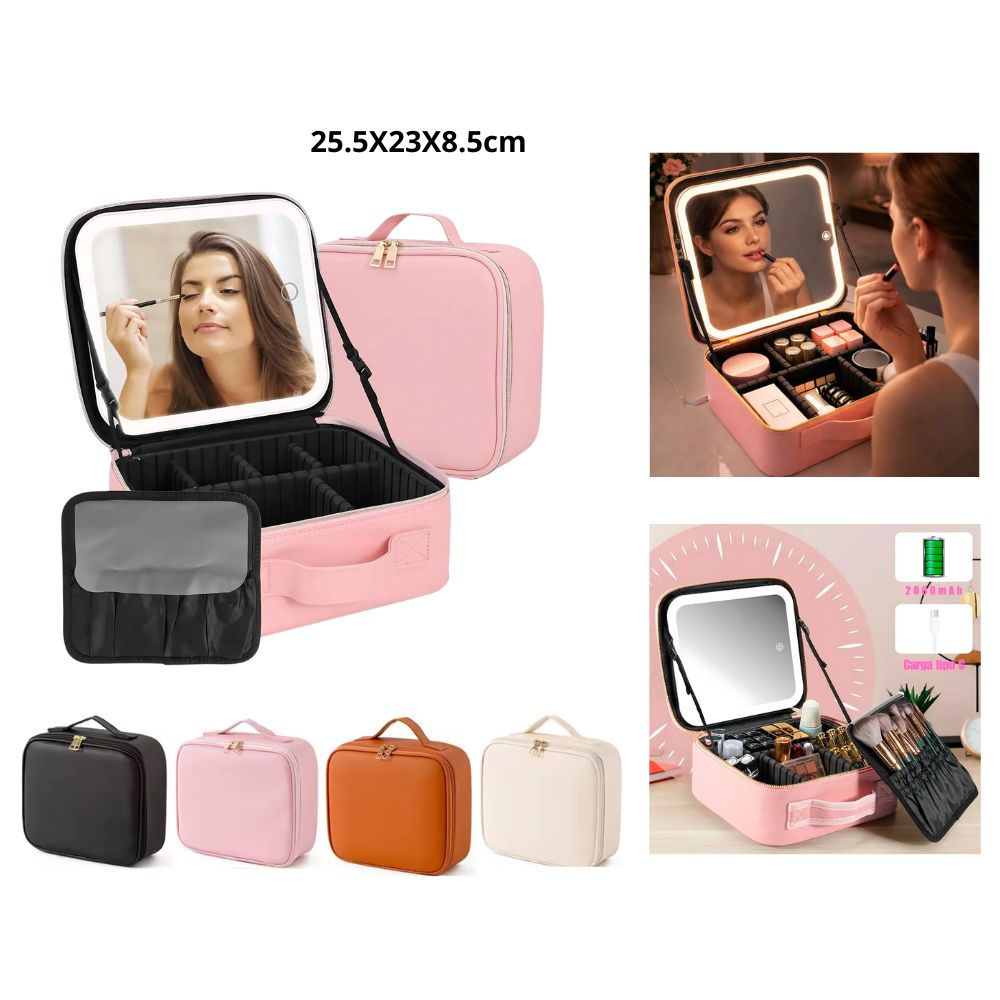 ORGANIZADOR DE MAQUILLAJE CON ESPEJO LED 25.5X23X8.5CM